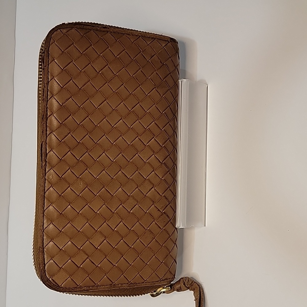 Authenic Bottega Veneta Long Zip Wallet/ Crossbody with an unbranded chain,Brown